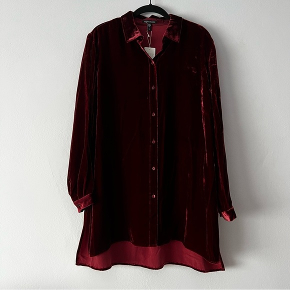 NWT Eileen Fisher Dark Cranberry Velvet Tunic Button Down Blouse Small - Picture 3 of 13